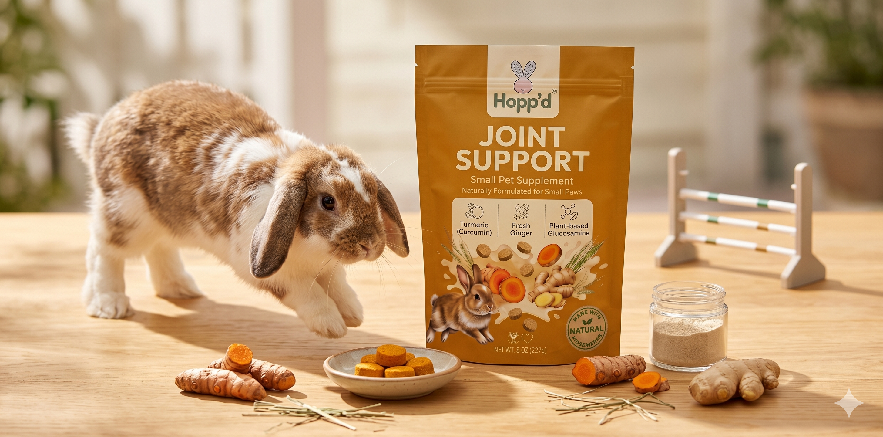 Hopp'd™ Joint Support - Natural Support for Rabbits & Guinea Pigs | Plant-Based Glucosamine, Turmeric & Ginger Root | 120 Baked Hay Chews | Natural Anti-Inflammatory Support | 8 oz (227g)