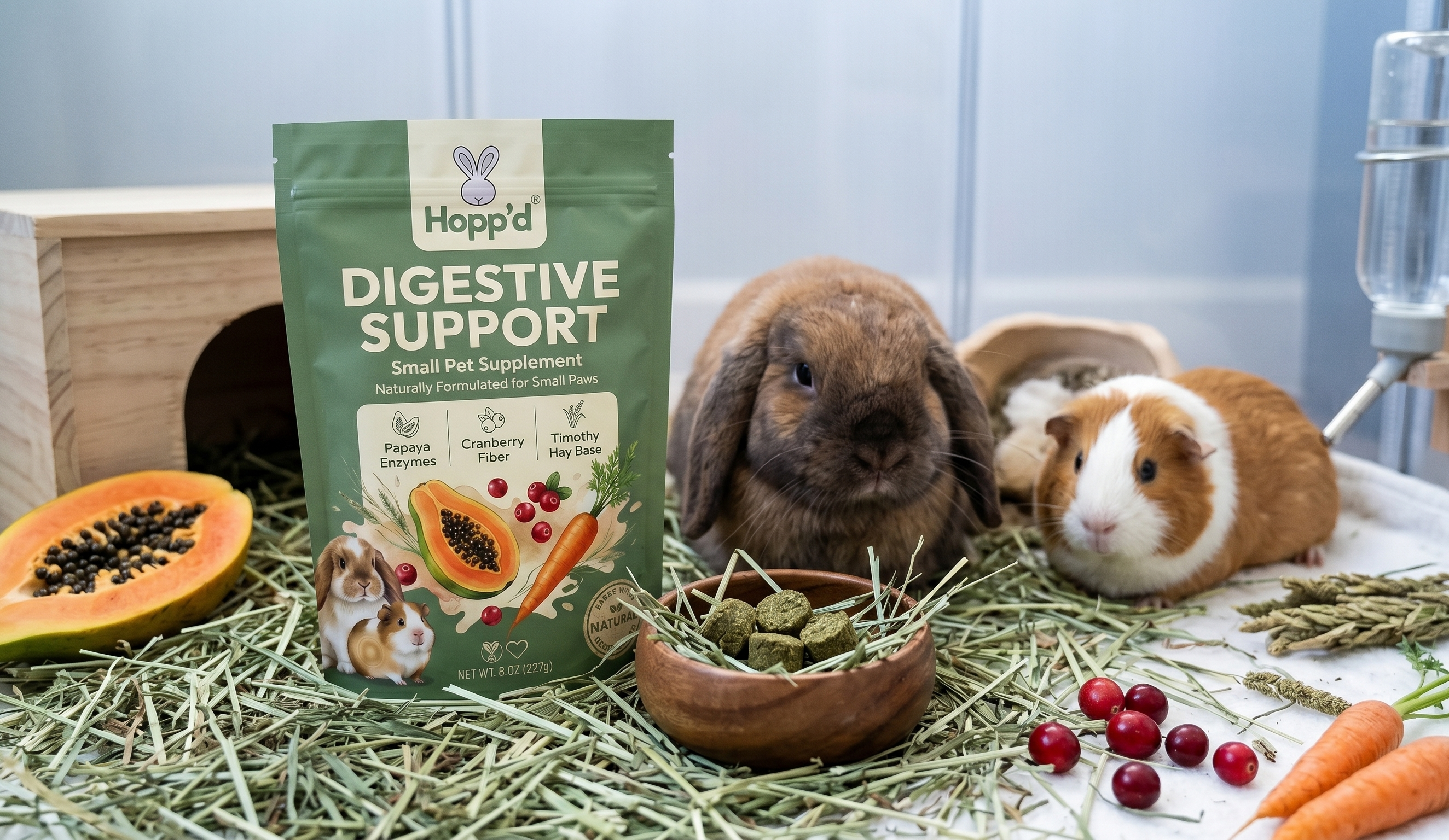Hopp'd™ Digestive Support - Natural Gut Health Supplement for Rabbits & Guinea Pigs | Papaya Enzymes, Psyllium Husk & Timothy Hay Blend | 120 Baked Hay Chews (2 months supply) | No Artificial Ingredients | 8 oz (227g)