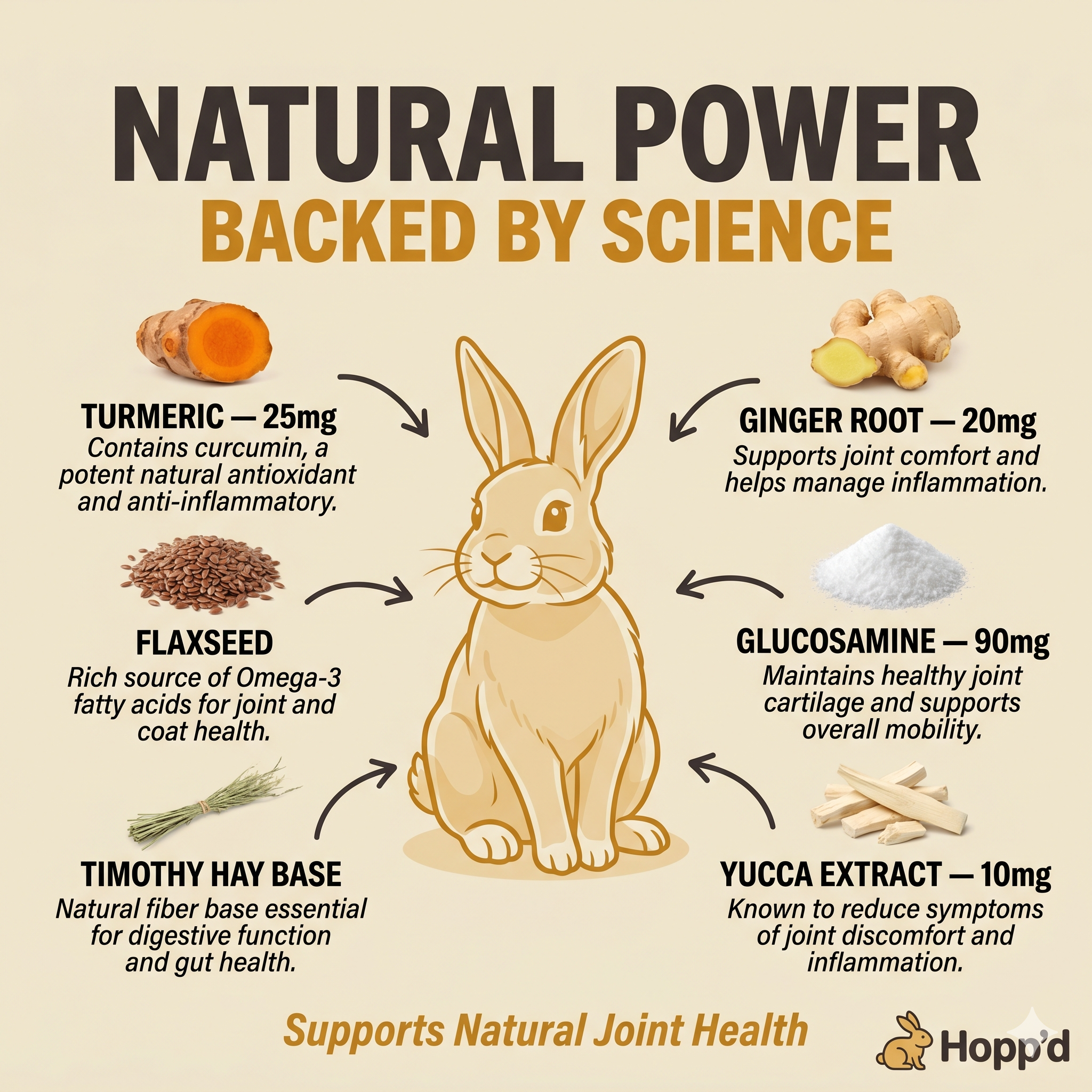 Hopp'd™ Joint Support - Natural Support for Rabbits & Guinea Pigs | Plant-Based Glucosamine, Turmeric & Ginger Root | 120 Baked Hay Chews | Natural Anti-Inflammatory Support | 8 oz (227g)