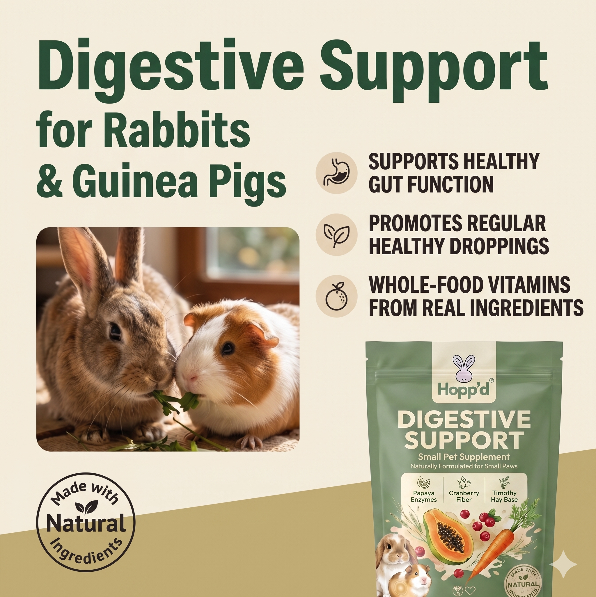 Hopp'd™ Digestive Support - Natural Gut Health Supplement for Rabbits & Guinea Pigs | Papaya Enzymes, Psyllium Husk & Timothy Hay Blend | 120 Baked Hay Chews (2 months supply) | No Artificial Ingredients | 8 oz (227g)