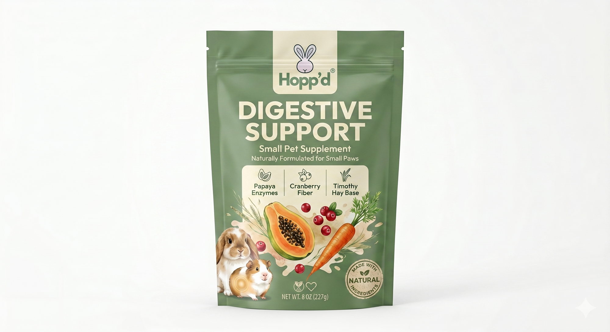 Hopp'd™ Digestive Support - Natural Gut Health Supplement for Rabbits & Guinea Pigs | Papaya Enzymes, Psyllium Husk & Timothy Hay Blend | 120 Baked Hay Chews (2 months supply) | No Artificial Ingredients | 8 oz (227g)